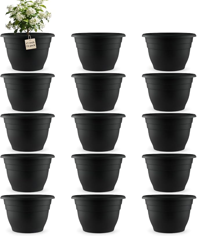 15 Pack 11 Inch Plant Pots with Drainage Holes,Black Plastic Flower Pots with Hanging Holes,Durable Planters for Indoor & Outdoor Plants,Nursery Pots RooTrimmer