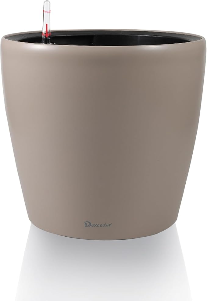 Dexceder 9x8 Inches Self Watering Planter Indoor Outdoor, Inner Pot Design, Thickened Table Flower Plant Pot with Water Level Indicator (Taupe Matte) Dexceder