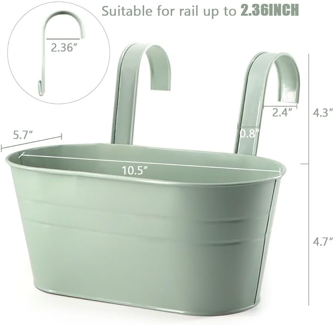 3 Pack Metal Railing Planters, 10.5" Oval Hanging Flower Pots with Detachable Hooks & Drainage Holes, Fits Rails up to 2.36", Galvanized Iron Fence Bucket for Balcony Garden Patio - Blue MeltsetM