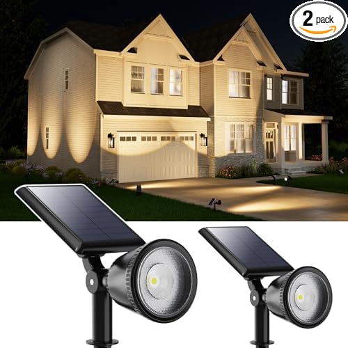 2 Pack Outdoor Solar Powered Spot Lights Waterproof Bright LED Spotlights Outside Uplighting for Yard Flag, Tree, Lawn, Garden, Backyard, House, Driveway, Super Focused Lens Spotlights, Warm White FALOVE