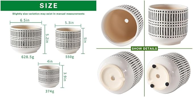Docrin 3-Pack Ceramic Planters Set - 6.5"+5.3"+4" Dual-Tone Flower Pots with Drainage Holes, Modern Indoor Outdoor Planters for Succulents/Herbs/Large Plants, Home Office (Brownish Black & White) DOCRIN