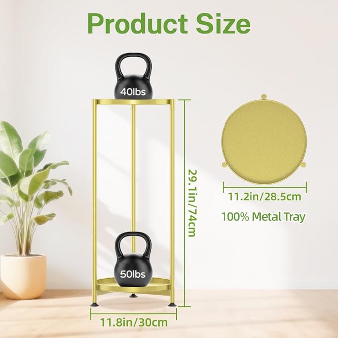 iDavosic.ly 2 Tier Corner Plant Stand Indoor, Tall Vertical Metal Flower Heavy Duty Pot Holder Shelf Outdoor for Patio Porch Living Room, Gold - Round iDavosicly