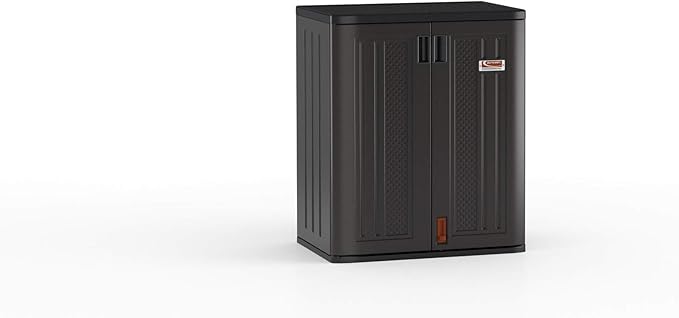 Suncast Heavy-Duty Resin Outdoor Storage Cabinet, 30" W x 20.25" D x 36" H Dark Grey Base Garage Storage Cabinet with Lockable Doors and Metal Reinforced Shelves, Made in The USA SuncastCommercialProducts