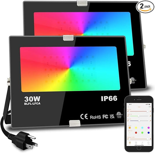 Led Flood Light 30W, 300W Equivalent 3000 LM Outdoor Color Changing Led Stage Landscape Lights, Bluetooth RGBW Smart Floodlights 2700K & 16 Million Colors&Timing& Music Sync, IP66，US 3-Plug (2 Pack) MELPO