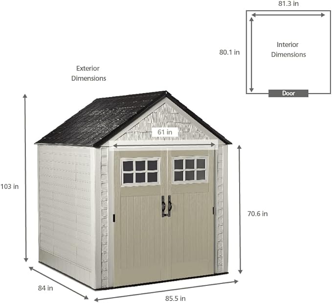 Rubbermaid 7 Foot by 7 Foot Weatherproof Outdoor Storage Shed for Garden Tools and Lawn Machinery Organization with Lockable Double Door Sandstone Rubbermaid
