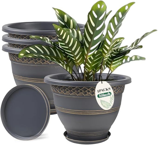 10 Inch 4 Pack Plant Pots, Plastic Flower Pot for Indoor & Outdoor with Drainage Holes & Saucer, Plaid Pattern Planters Garden Pots for Herbs Usocik