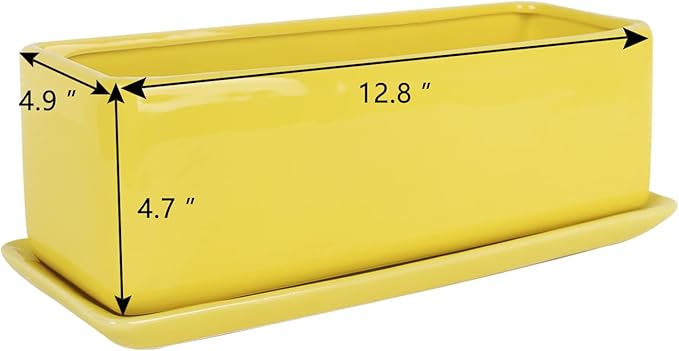 Vencer 12 Inch Rectangular Modern Minimalist Ceramic Succulent Planter Pot - Window Box with Saucer,Office Desktop Potted Stand,Yellow,VF-0135Y Vencer