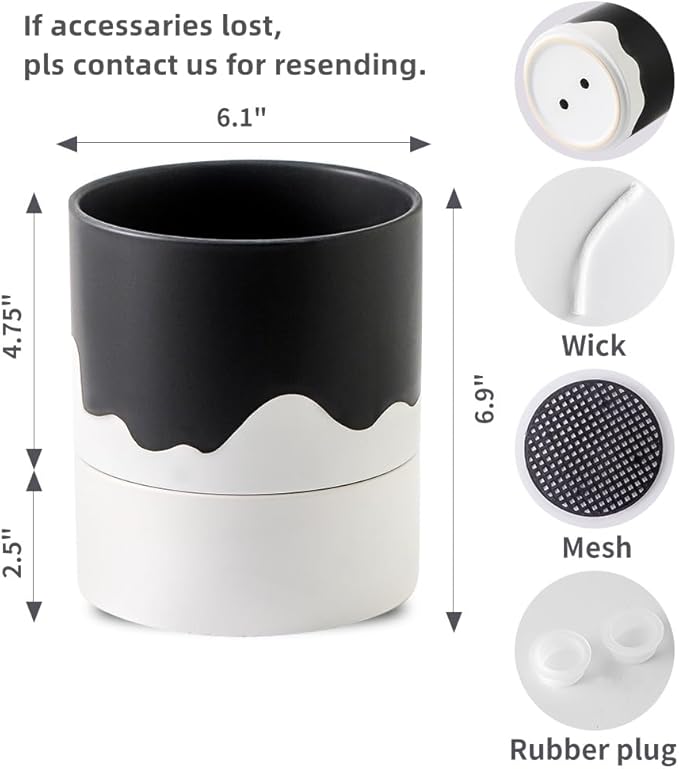 Nihow Self Watering Plant Pot: 6 Inch Ceramic Planter with Drainage Hole & Water Storage Plus for Indoor & Outdoor Plants - Cylinder Round Flower Pot for Succulent/Herbs/Violets - Black & Wave White Nihow