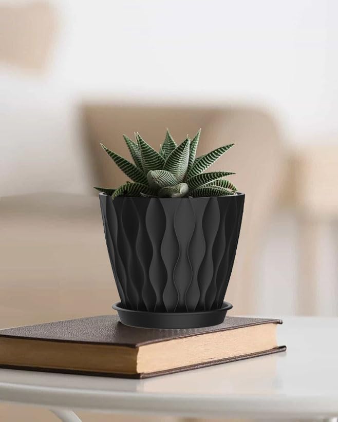 4 Inch Plant Pots, 6 Pack Indoor Flower Pots, Planters with Drainage Holes and Trays for Orchids, Violets, Succulents, Herbs, and Other Plants, Black SQKH