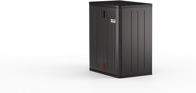 Suncast Heavy-Duty Resin Outdoor Storage Cabinet, 30" W x 20.25" D x 36" H Dark Grey Base Garage Storage Cabinet with Lockable Doors and Metal Reinforced Shelves, Made in The USA SuncastCommercialProducts