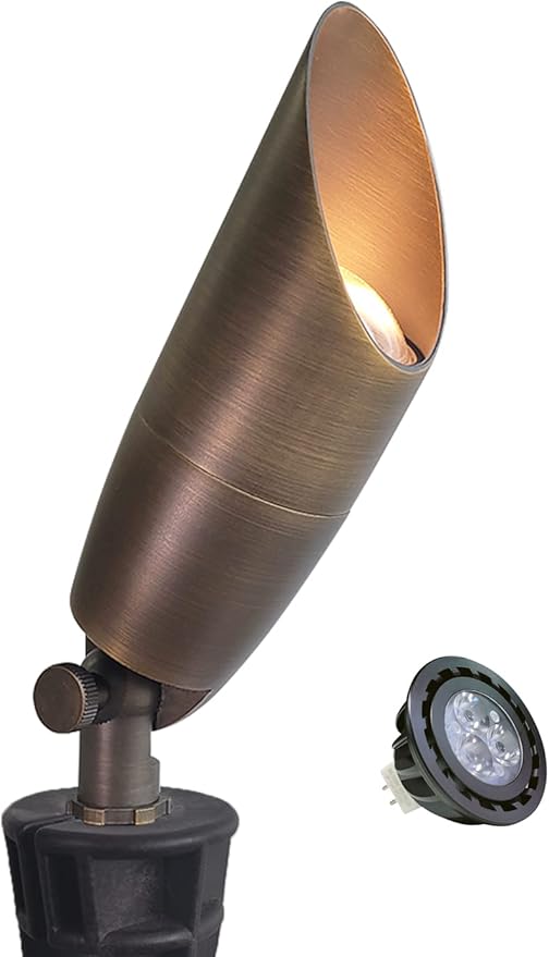 MALORY Solid Brass Landscape Spotlight 1-Pack with Bulb(S06), Low Voltage Front and Backyard Landscape Lighting with Large Rugged Slot Spike & Wire Connector,12V AC/DC Garden Patio Spot Up Light MALORY