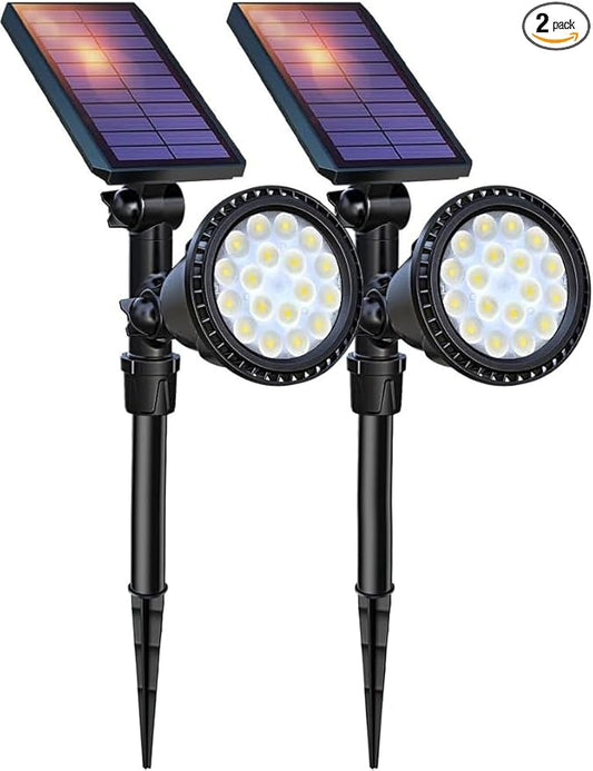 DBF Solar Spot Lights Outdoor Waterproof IP65, Cool White, 600LM High Bright, 2 Brightness Modes, 18 LED, Auto On/Off, Angel Adjustable for Flag Pole Garden Yard Patio Driveway Tree, 2 Pack DBF