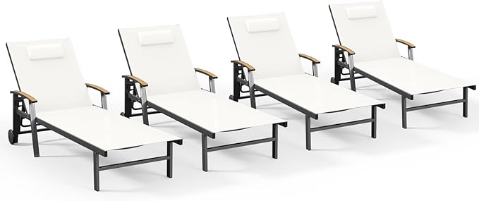 Ciokea Outdoor Lounge Chair with Pillow Set of 4, 5-Position Chaise Lounge with Wheels & Armrests, 400 lbs Heavy Duty Aluminum Pool Lounge Chairs, for Beach, Deck, Poolside & Backyard, White CIOKEA