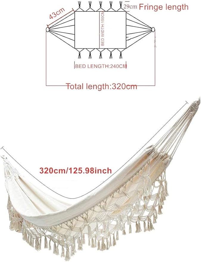 Hammock Brazilian Double Hammocks Soft Comfortable Fabric Cotton Canvas Hanging Portable Two Person Hammock Boho Fringe Large for Adults Backyard Travel KEREITH