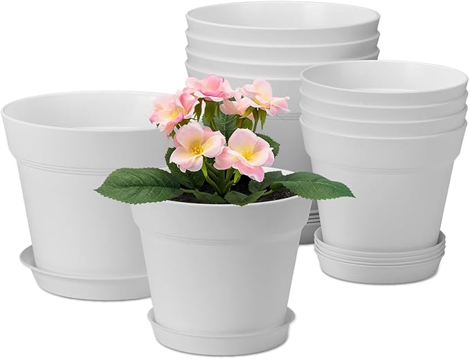 homenote Plant Pots,6/7.5 Inch Flower Pots for Plants Plastic Planters for Indoor with Multiple Drainage Holes and Trays, for All Home Garden Flowers Succulents,Outdoor(White,10 Pack) HOMENOTE