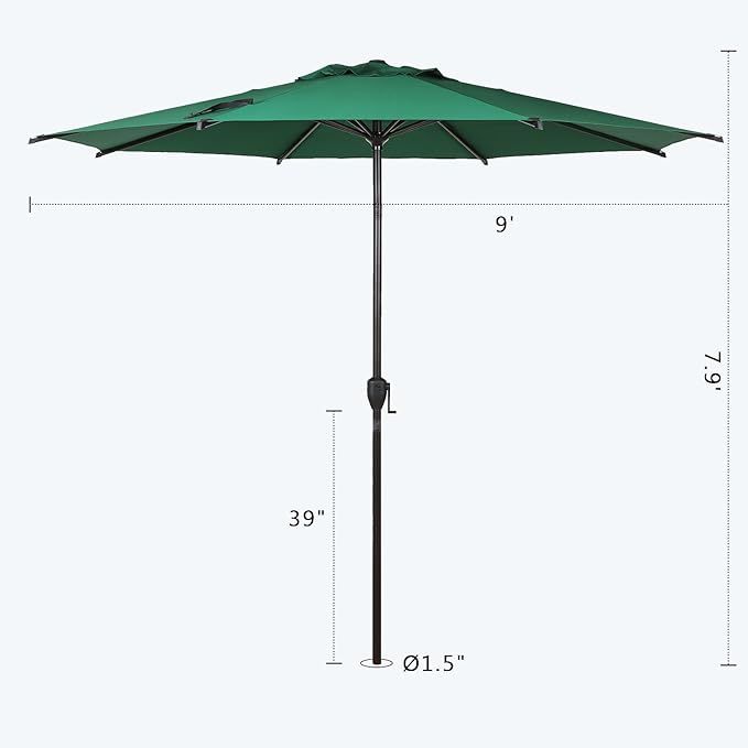Abba Patio 9FT Lyon Outdoor Patio Umbrella Outdoor Table Umbrella with Push Button Tilt and Crank Market Umbrella 8 Sturdy Ribs UV Protection Waterproof for Garden Deck Backyard Pool Dark Green AbbaPatio
