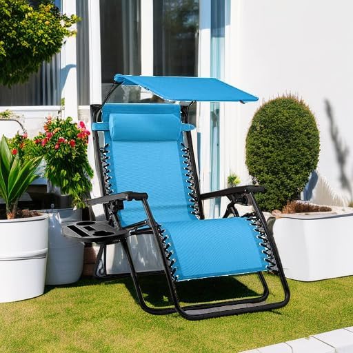 Best Choice Products Folding Zero Gravity Outdoor Recliner Patio Lounge Chair w/Adjustable Canopy Shade, Headrest, Side Accessory Tray, Textilene Mesh - Light Blue BestChoiceProducts