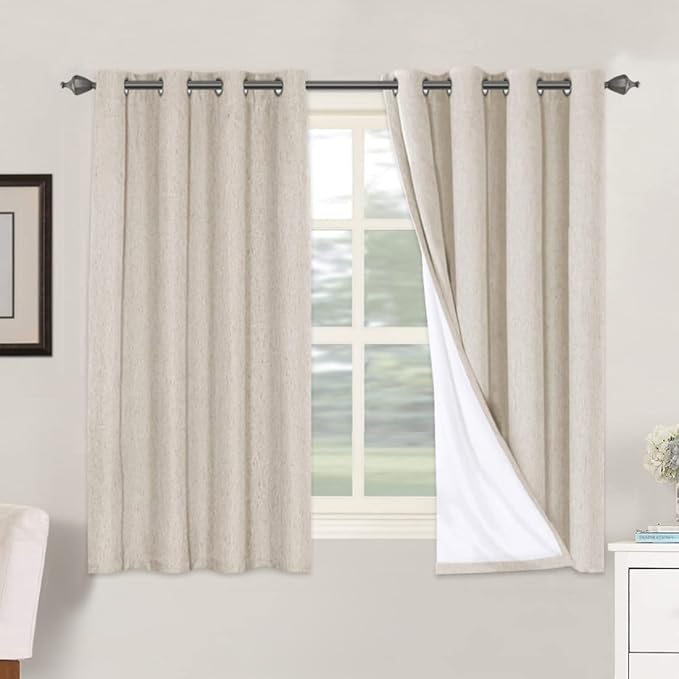 H.VERSAILTEX Linen Blackout Curtains 54 Inches Long 100% Blackout Thermal Insulated Textured Linen Look Curtain Draperies Anti-Rust Grommet, Energy Saving with White Liner, 2 Panels, Natural HVERSAILTEX