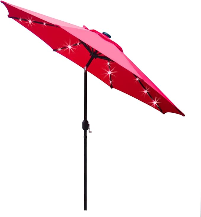 Sunnyglade 9' Solar LED Lighted Patio Umbrella with 8 Ribs/Tilt Adjustment and Crank Lift System (Red) Sunnyglade