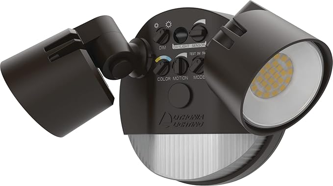 Lithonia Lighting HomeGuard 2-Light LED Outdoor Flood Lights, Motion Sensor Outdoor Lights with Dusk to Dawn, Adjustable Lumens and Color, Round Heads, Dark Bronze (HGX LED 2RH ALO SWW2 120 PIR DDB) AcuityBrands
