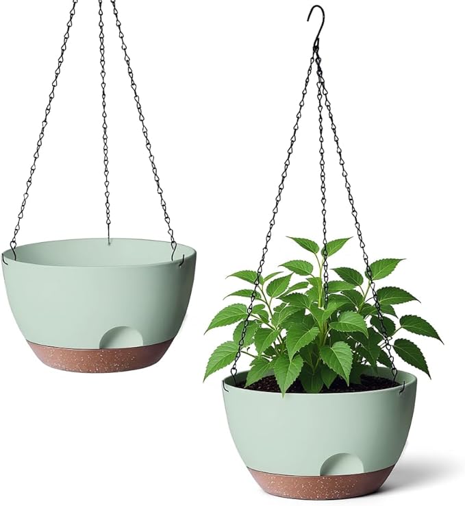 Hanging Planter for Indoor Plants, 10 Inch Self-Watering Hanging Planters with Drainage Holes and Chain, Set of 2 Outdoor Hanging Pots for Garden Home LesOasis