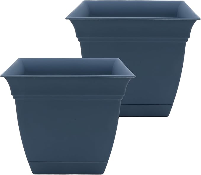 The HC Companies 12 Inch Eclipse Square Planter Pots with Drainage Holes & Attached Saucer, Lightweight UV-Resistant Plastic Indoor Outdoor Planters, 2-Pack Flower Pots, Garden Home Decor, Slate Blue TheHCCompanies