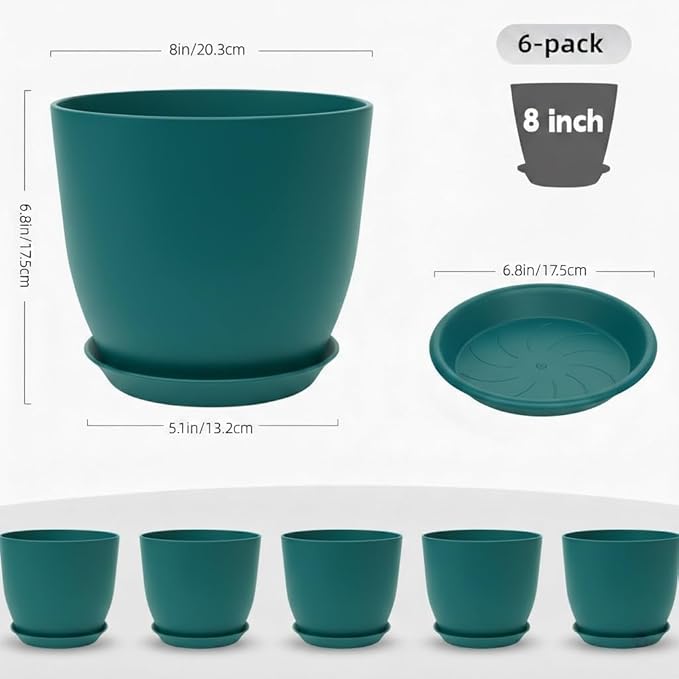Plant Pots 8 Inch Set of 6, Flower Pots with Drainage Holes and Saucer, Plastic Garden Planters for Indoor & Outdoor Plants (Deep Green) Vanslogreen