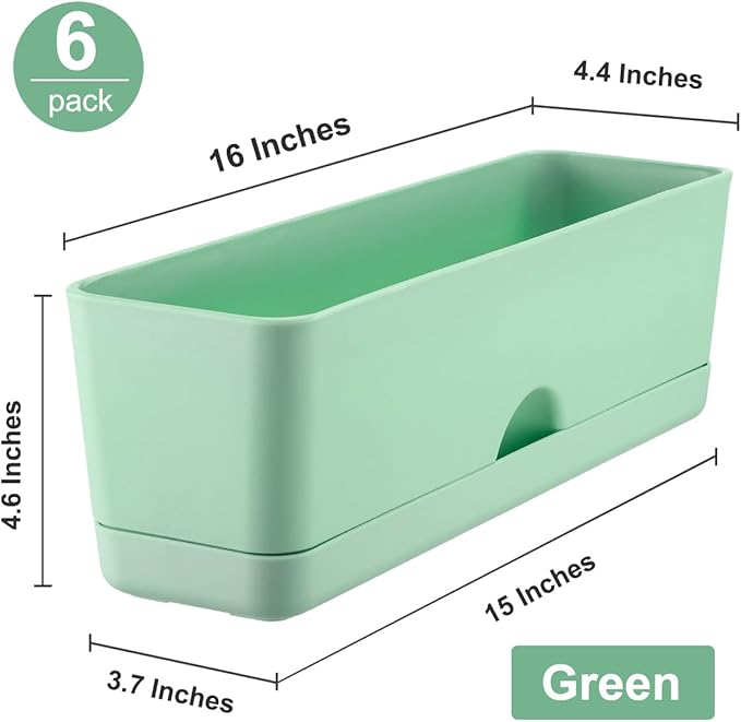 6 Pack Rectangle Planter 16x4.4 Inch Window Boxes Planters Rectangular Large Window Sill Planters Indoor Self Watering Plant Pots with Drainage Holes and Saucers Succulent Herb Flower Pots, Green KvyusFlourish