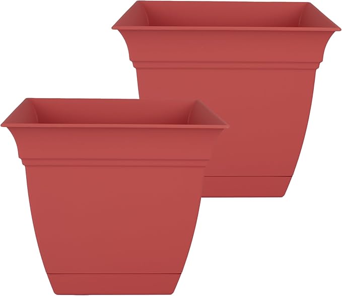 The HC Companies 12 Inch Eclipse Square Planter Pots with Drainage Holes & Attached Saucer, Lightweight UV-Resistant Plastic Indoor Outdoor Planters, 2-Pack Flower Pots for Garden & Home Decor, Rose TheHCCompanies