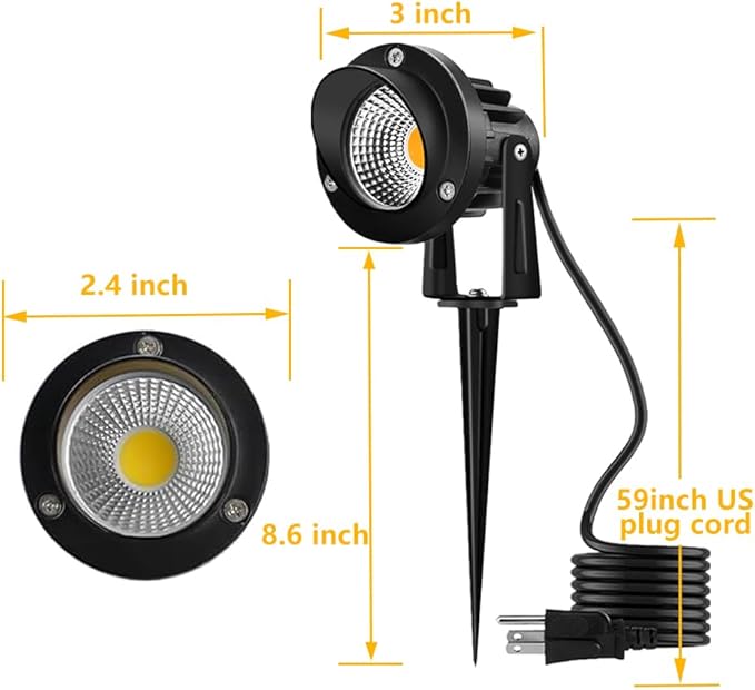 Romwish 120V LED Landscape Spotlights, 10W Outdoor Spotlights for Yard, 3000K Warm White, 120V AC Spot Light with Ground Spike, Waterproof Landscape Lighting for House Garden Lawn Decorative - 2 Pack ROMWISH