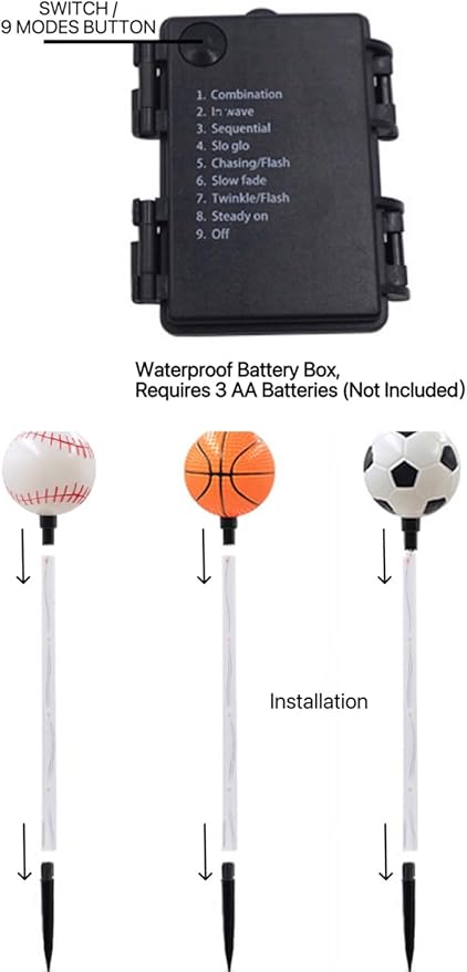 Battery Powered Garden Sports Ball Theme Party Stake Lights Soccer Basketball Football Baseball Mixed LED Landscape Path Lights Indoor/Outdoor Christmas Festival Home Patio Decoration Lamps AUGPET