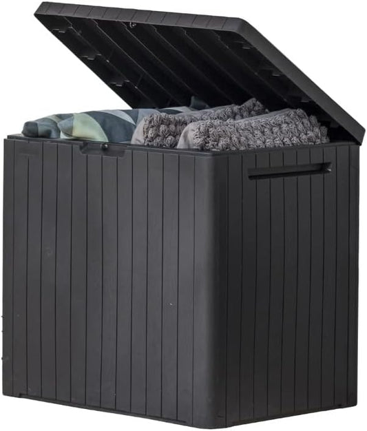 Keter City 30 Gallon Resin Outdoor Storage Box & Patio Side Table for Balcony, Pool, Deck & Garden Accessories, Weather‑Resistant, Dark Grey Keter