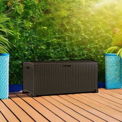 Suncast Outdoor Storage Box - 73 Gallon Mocha Brown Deck Box for Patio, Waterproof Outdoor Storage Bench, Resin Wicker Style, Heavy-Duty, Lockable Lid for Cushions, Shoes, Pool & Garden Gear Suncast