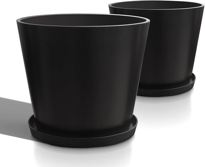Wide Planters for Outdoor Plants, Extra Large Indoor Flower Pots for Garden, Front Porch, Patio - Round Resin Planter Set of 2 (Black, 16 inch - 2 Pack with Saucers) Heyzier