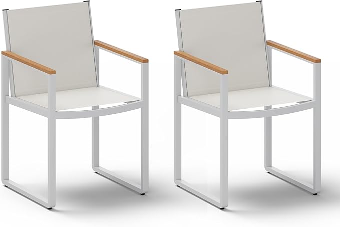 Outdoor Dining Chairs Set of 2, Aluminum Patio Dining Chiars with Textilene Mesh, 2 Piece Outdoor Chiars for Garden, Backyard, Deck (White-Teak) Oasbira