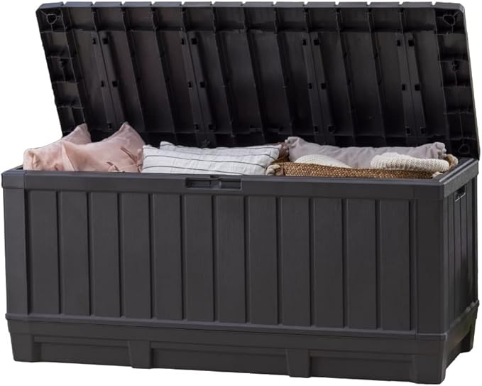 Keter Kentwood 92 Gallon Resin Deck Box-Organization and Storage for Patio Furniture Outdoor Cushions, Throw Pillows, Garden Tools and Pool Floats, Dark Grey Keter