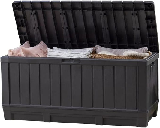 Keter Kentwood 92 Gallon Resin Deck Box-Organization and Storage for Patio Furniture Outdoor Cushions, Throw Pillows, Garden Tools and Pool Floats, Dark Grey Keter