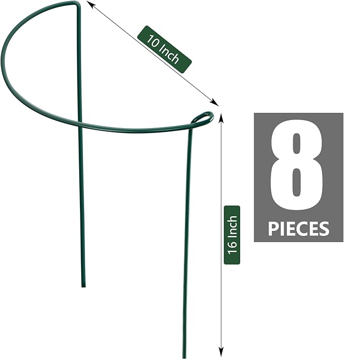 FEED GARDEN 8 Pack Plant Support Stakes, Peony Cages and Supports, Metal Garden Plant Stake(10" Wide x 16" High) Green Half Round Plant Support Rings for Outdoor Indoor Plants, Tomato, Hydrangea FEEDGARDEN