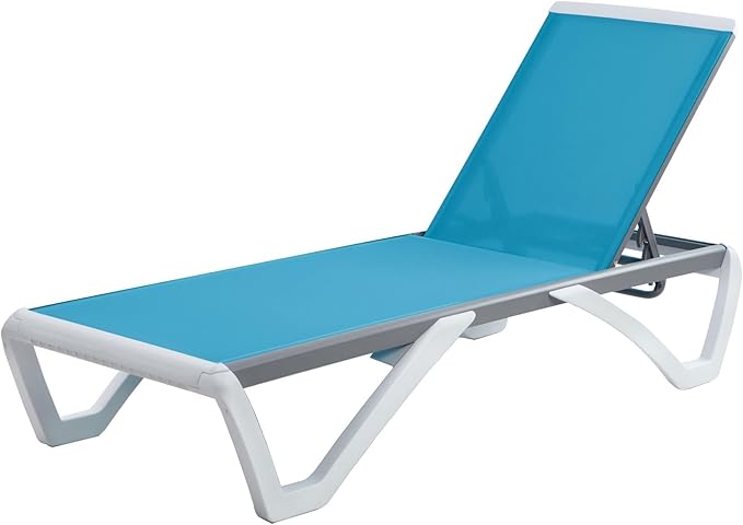 Kozyard Outdoor Chaise Lounge Chair, Full Flat Adjustable Patio Lounger with Aluminum Frame & Resin Legs, Textilene Fabric for Poolside, Backyard & Beach (Aqua/WhiteFrame, Chair Without Table) Kozyard