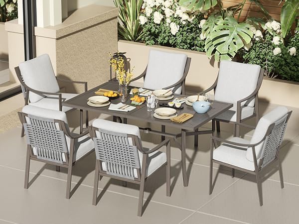 NATURAL EXPRESSIONS 7 Piece Patio Dining Table Outdoor Furniture Set for 6, 6Pcs Fixed Dining Chairs with Olefin Cushions, 65”Large Dining Table with Umbrella Hole NaturalExpressions