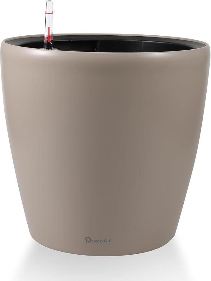 Dexceder 18x17 Self Watering Planter with Wheels Indoor Outdoor, Inner Pot Design, Thickened Large Floor Standing Flower Plant Pot with Water Level Indicator (Taupe Matte) Dexceder