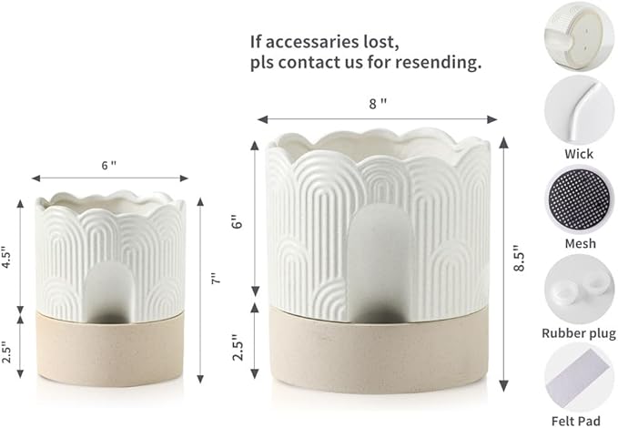 Nihow Self Watering Plant Pot for Indoor Plants : 6 Inch & 8 Inch Ceramic Planter with Drainage Hole & Water Storage - Relief Design Beige & Nature Flower Pot -Set of 2 Nihow