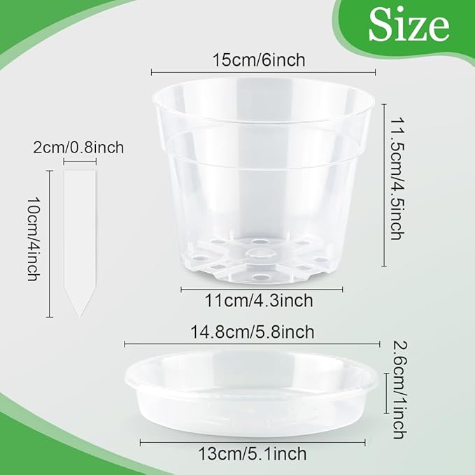 BTPLASTIK Clear Plastic Nursery Pots for Plants, 6 Inch Transparent Plant Pot with Drainage Holes, Flower Pots with Saucers, Seed Starter Pots with 15 Pcs Plant Labels, Gardening Gifts BTPLASTIK