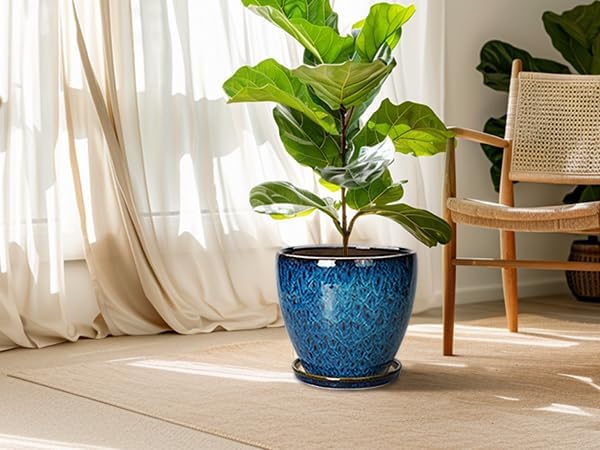 10 Inch Ceramic Planter Pot Round Plant Pot for Indoor Plants Outdoor Large Flower Pot with Drainage Hole and Saucer Blue EPFamily