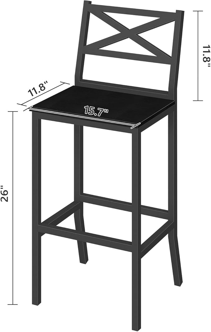 Bar Stools, Set of 2 Bar Chairs with Backrest and Footrest, 26" Tall Counter Bar Stools, Kitchen Breakfast Bar Chairs, Easy Assembly, for Dining Room, Black BAHB0901N1 MAHANCRIS