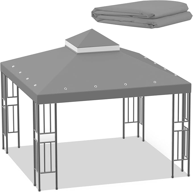 Sumfaller 10x10 FT Gazebo Replacement Canopy Top Cover Double Tiered Canopy Top Cover for Outdoor BBQ Roof Cover Grill Shelter (Grey) Rootora