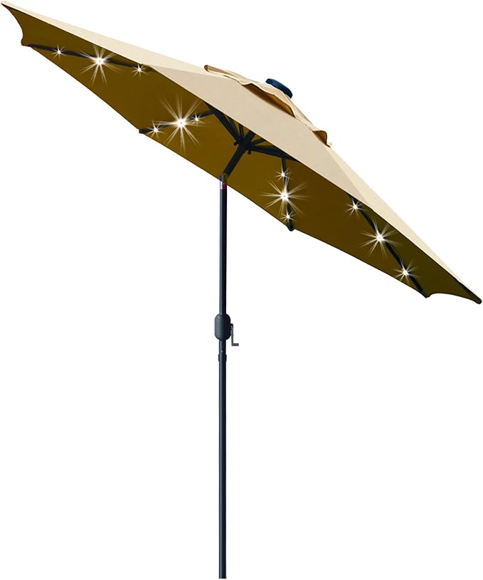Sunnyglade 9' Solar LED Lighted Patio Umbrella with 8 Ribs/Tilt Adjustment and Crank Lift System (Light Tan) Sunnyglade