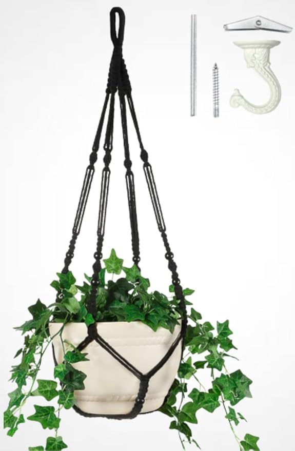 43 Inches Macrame Planter Hanger Large for 12 inch Pot + Swag Hook (Extra Long & Big) | Large Hanging Planter for Indoor Plants | No Tassel, Cotton Rope, NO Pot/Plant Included (Black)(XL) Shineloha