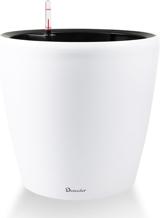 Dexceder 15x14 Self Watering Planter with Wheels Indoor Outdoor, Inner Pot Design, Thickened Large Floor Standing Flower Plant Pot with Water Level Indicator (White Matte) Dexceder