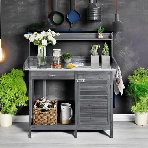 Yaheetech Outdoor Potting Bench Table, Garden Workstation w/Metal Tabletop/Cabinet Drawer/Open Top/Lower Shelf/Handy Hooks for Horticulture,Gray Yaheetech